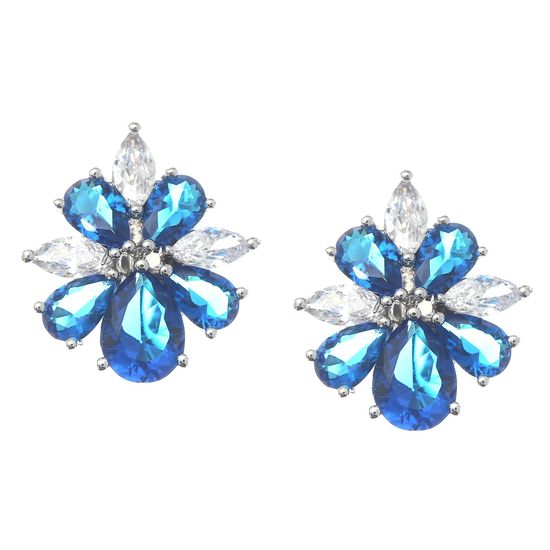 White Gold Plated Blue Simulated Sapphire Cubic Zirconia Pear and Marquise Shaped Clip On Earrings