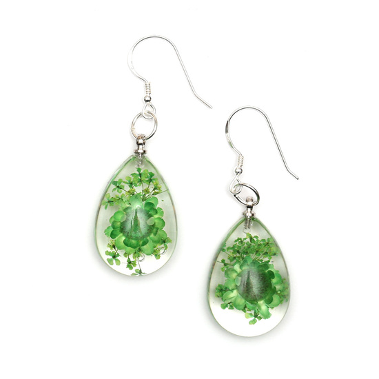 Green pressed flower in clear resin teardrop dangle earrings