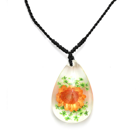 Orange pressed flower in clear resin teardrop pendant necklace handmade with real flower
