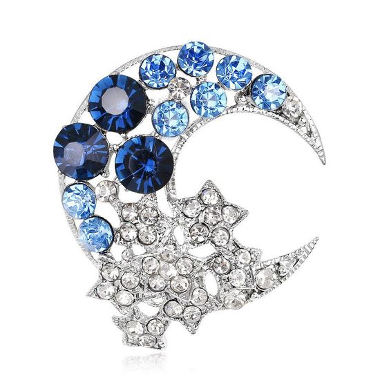 Blue Crystal Moon and Diamante Stars Silver-ton...