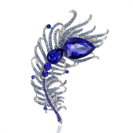 Blue Crystal Diamante Peacock Feather Silver-tone 
