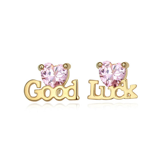 Gold-plated GOOD LUCK with pink zircon stud earrings