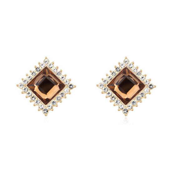 Brown crystal diamond-shaped gold-plated stud earrings