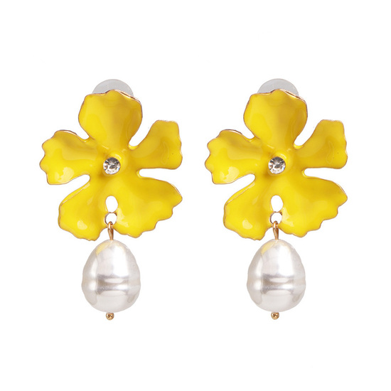 Yellow Enamel Flower with Baroque Faux Pearl