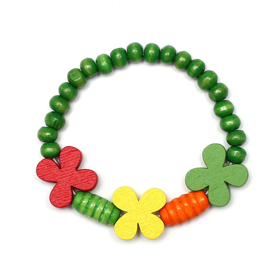 Colorful Wooden Flowers with Green Wooden Beads Stretchy Bracelets for Kids