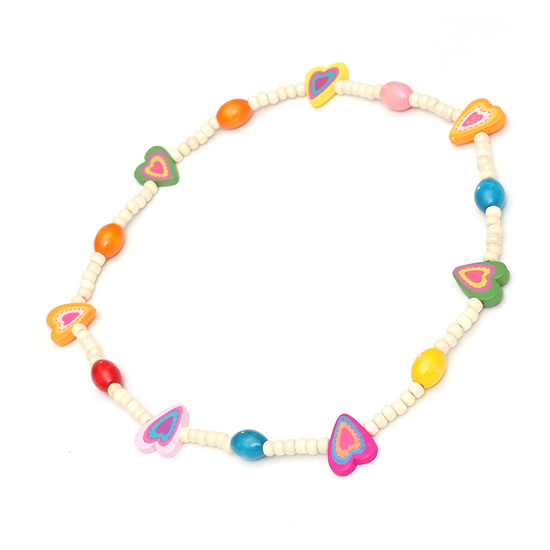 White Dyed Wood Beads with Colourful Hearts and...