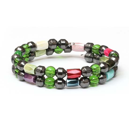 Multicoloured Fashion Double Wrap Bracelet with Magnetic Hematite Beads, Glass Beads and Steel Memory Wire