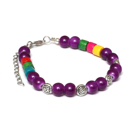 Fashion Glass & Wood Bracelet with Antique Silver-tone Flower Beads and Alloy Lobster Claw Clasp, Purple