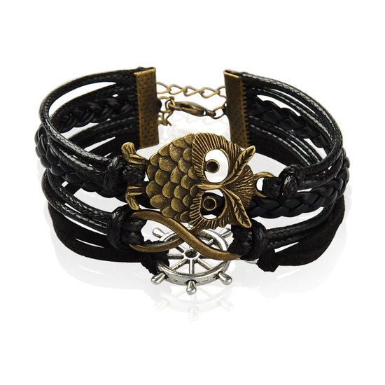 Cool Multi-Strand Imitation Leather Infinity Bracelet with Owl and Helm Charms