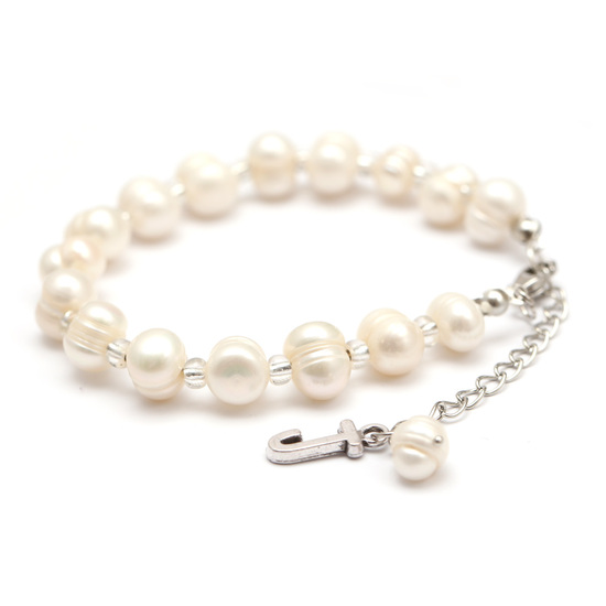 Adjustable white grade A  pearl bracelet with initial J