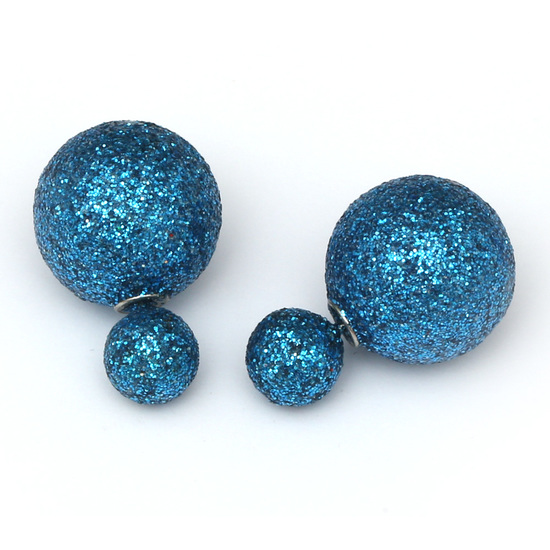 Double sided dodgerblue frosted plastic glitter pearl ball ear studs