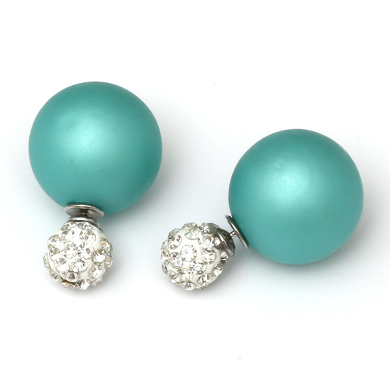 Double sided cadetblue frosted plastic pearl with polymer clay rhinestone ball ear studs