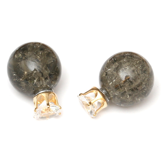 Double sided dark gray acrylic crackle ball with crystal rhinestone ear studs