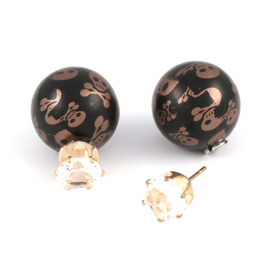 Peru skull resin ball with CZ double sided ear studs