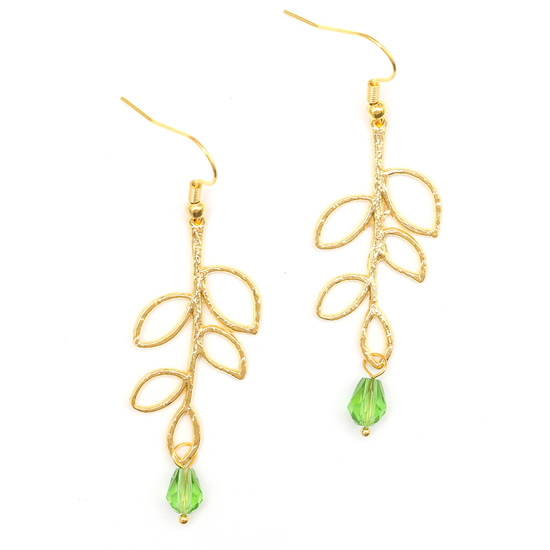 Gold-tone leaf with green faceted glass bead dangle earrings