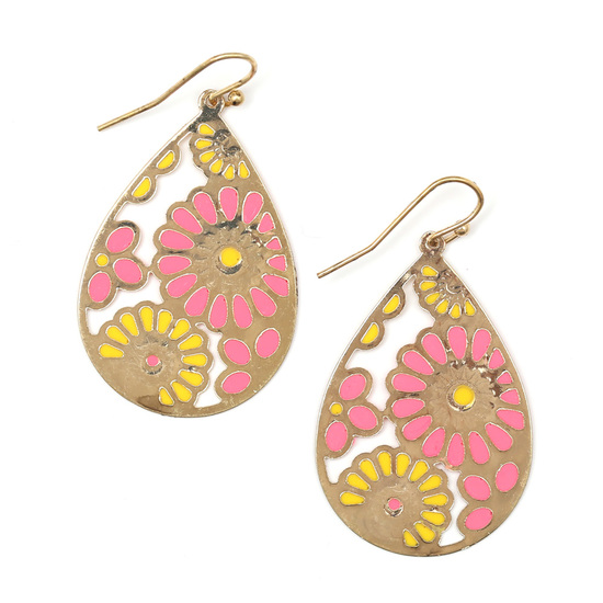 Yellow and pink gold-tone enameled teardrop flower motif dangle earrings
