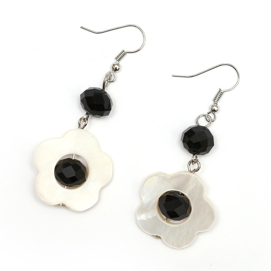 Handmade White Shell Flower Drop Earrings with Black Glass Beads