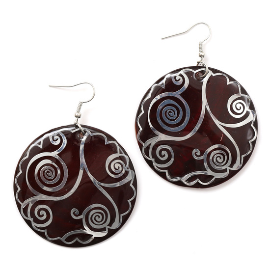 Brown shell disc with silver-tone swirl motif round dangle earrings