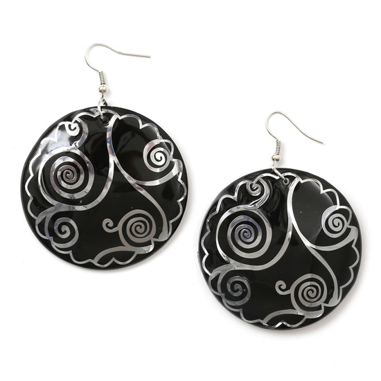 Black shell disc with silver-tone swirl motif round dangle earrings
