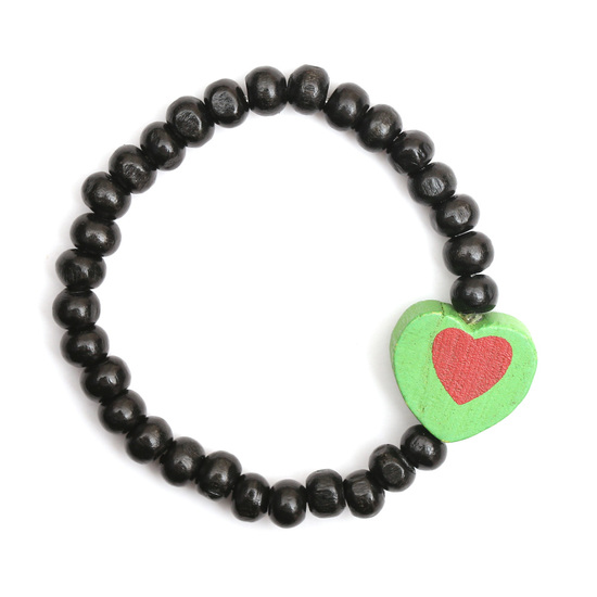 Black wooden stretchy kids bracelet with green heart charm