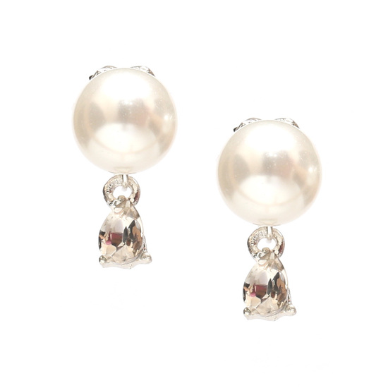 White faux-pearl with teardrop crystal drop clip on earrings FREE Gift Box