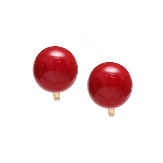 Red round ball with gold-tone clip earrings for non-pierced FREE Gift Box