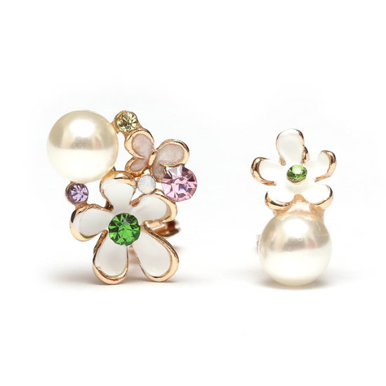 White faux-pearl and flower asymmetry different shape crystal clip on earrings FREE Gift Box