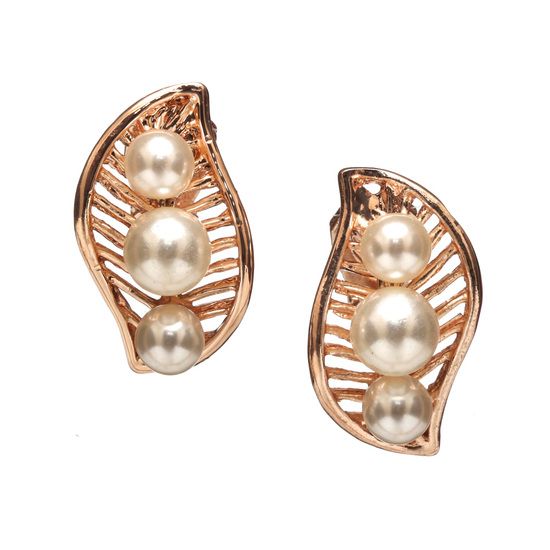 Gold-tone leaf with triple faux-pearls clip on earrings FREE Gift Box