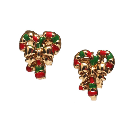 Christmas candy cane stick with gold-tone bow clip on earrings FREE Gift Box