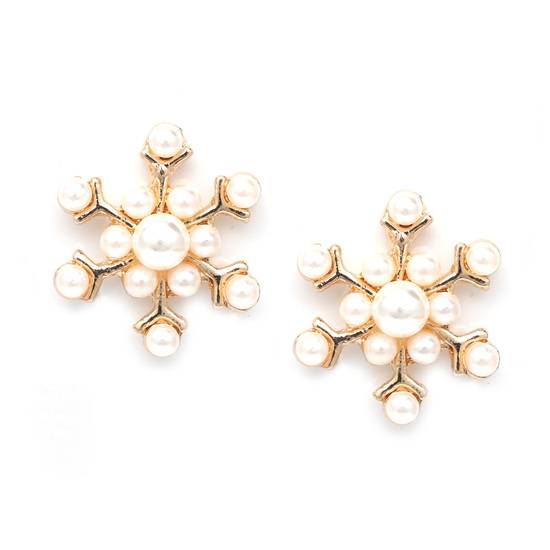 White faux pearl snowflake gold-tone clip on earrings