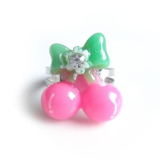Pink cherries with green bow adjustable ring