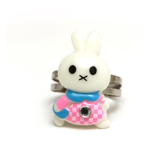 White bunny in baby pink dress adjustable ring