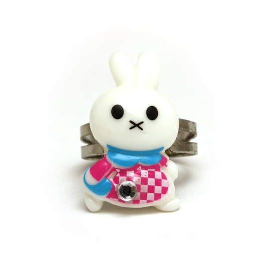 White bunny in pink dress adjustable ring