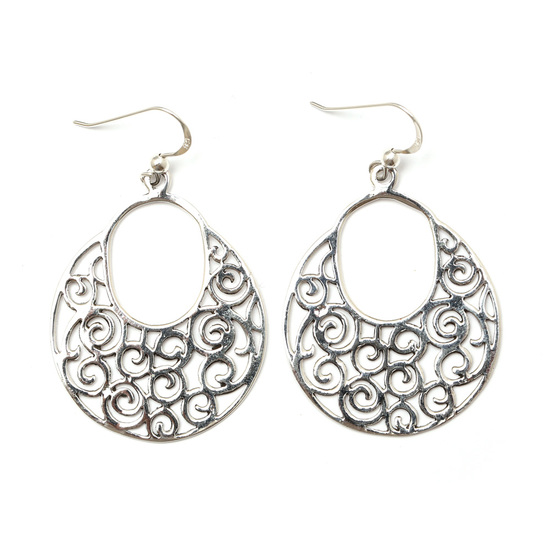 Sterling silver teardrop swirl pattern drop earrings