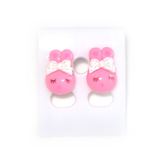 Pink bunny with white dotty bow stud earrings