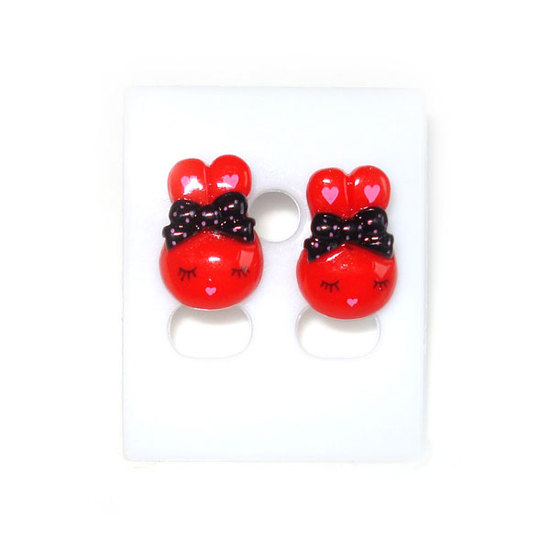 Red bunny with black dotty bow stud earrings